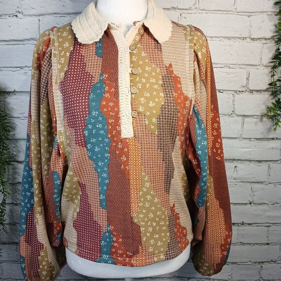 WOMENS GIMMECK BY BUCKLE BOHO TOP BALLON SLEEVES CROCHETED COLLAR SIZE SMALL - Picture 5 of 12